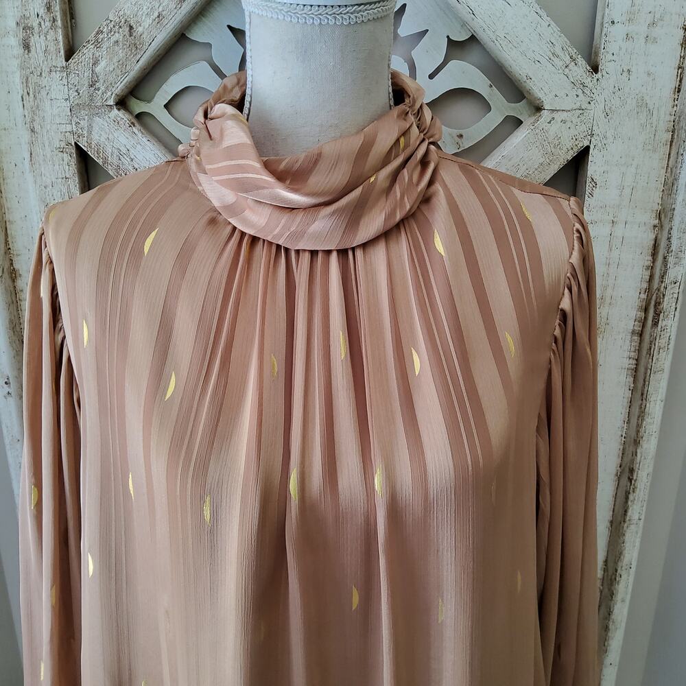 Zac & Rachel 3/4 Sleeve Mock High Neck Chiffon Blouse Gold Foil Shadow Stripe - Picture 3 of 10